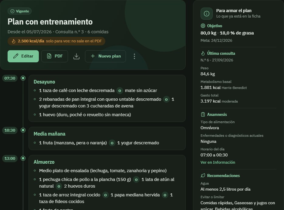 Plan alimentario con las comidas por horario y el panel para armarlo, en modo oscuro
