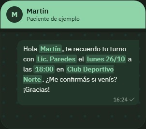 Vista previa del recordatorio de WhatsApp, en modo oscuro