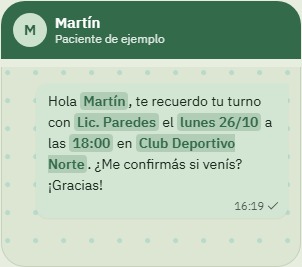 Vista previa del recordatorio de WhatsApp